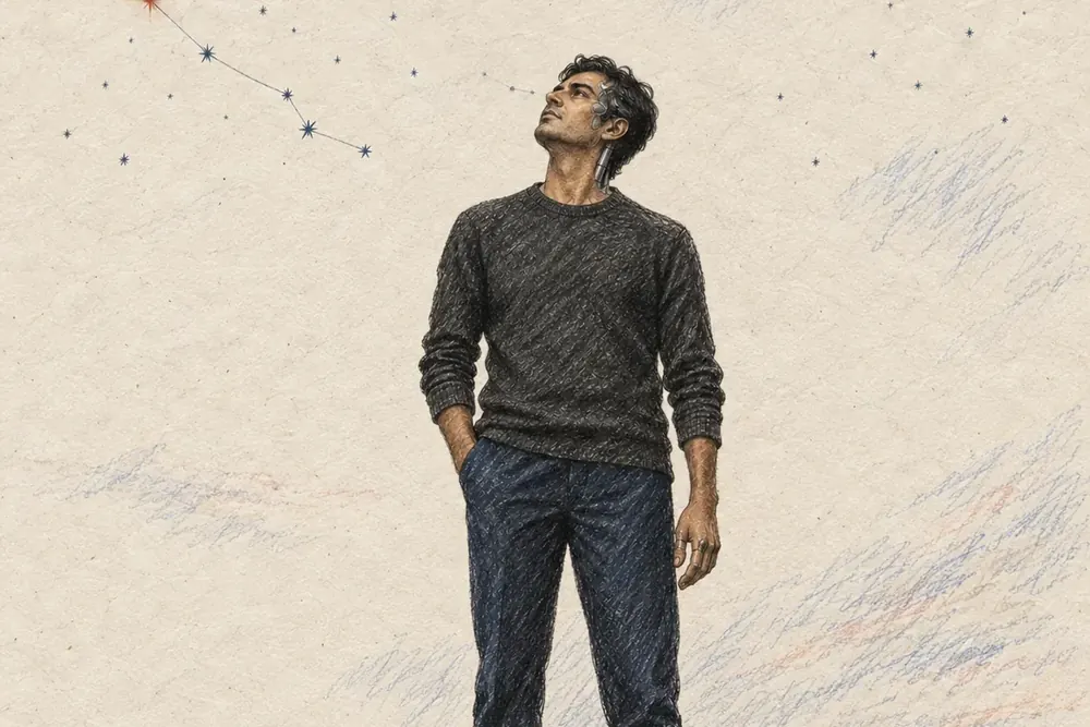 Crayon illustration of a man standing on a rise with his face turned up to an open, star-flecked sky.