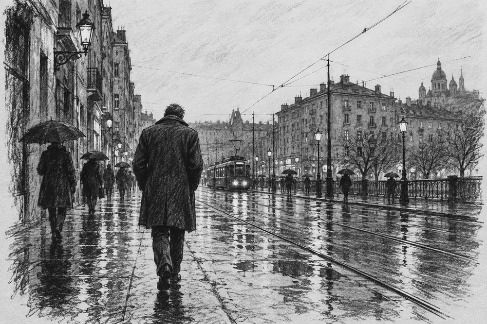 Charcoal drawing of people walking away down a rain-soaked street, one carrying an umbrella.