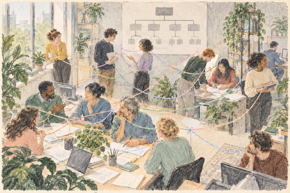 Crayon illustration of an office joined by coloured threads that run beneath a formal organization chart on the wall.