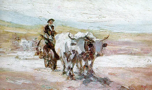 An ox cart in a landscape by Nicolae Grigorescu