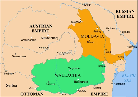 Map of Moldavia and Wallachia in 1856 between the Austrian, Ottoman and Russian empires