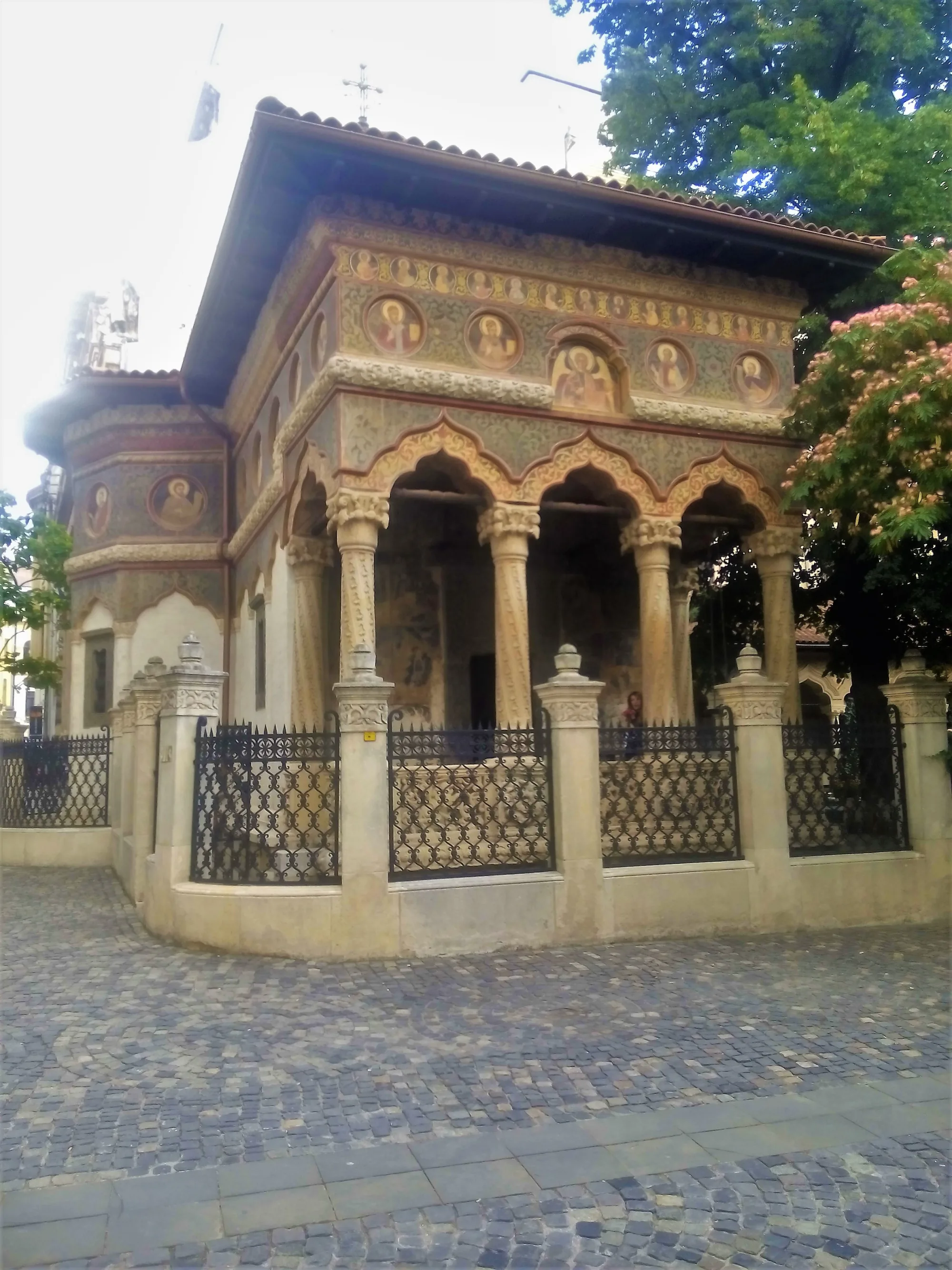 The carved stone porch of Stavropoleos Monastery in Bucharest