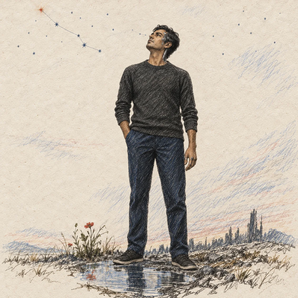 Crayon illustration of a casually dressed technologist gazing toward the stars, with subtle mechanical details at his temple, neck and fingers.