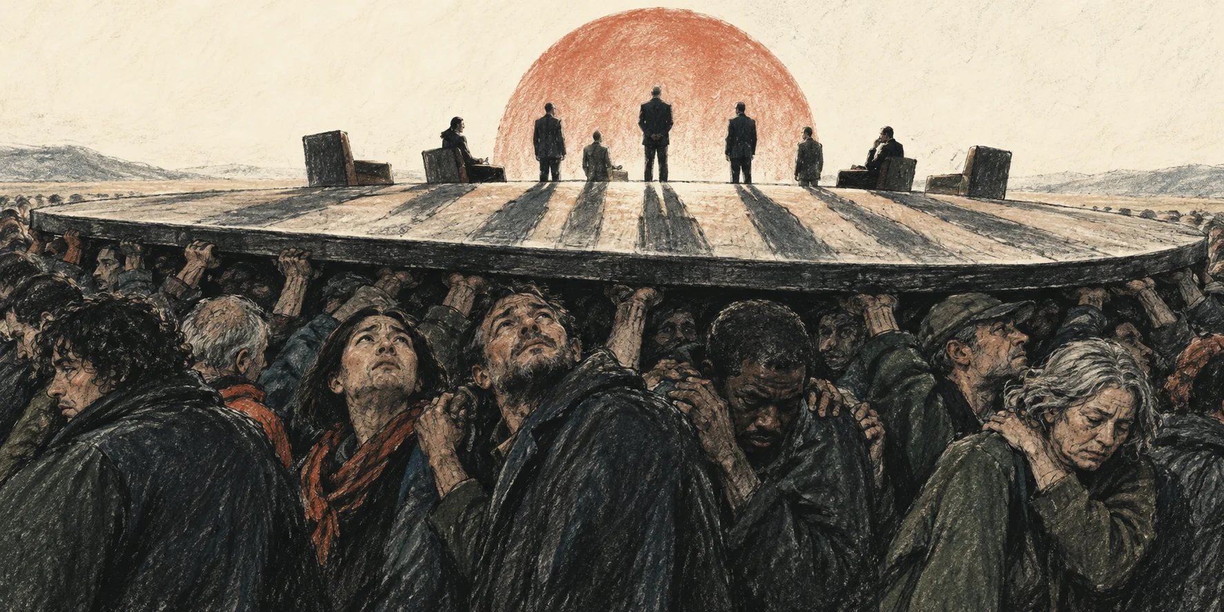 Crayon illustration of a crowd carrying a high platform occupied by distant suited figures in front of a rust-colored sun.