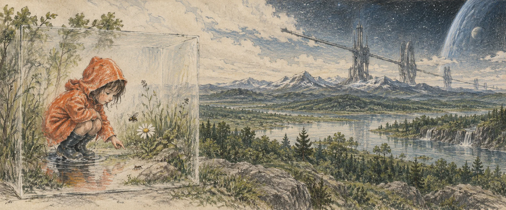 Crayon illustration of a girl, flower, bee and ant held in a time capsule, beside a pristine world and distant machine-built structures.