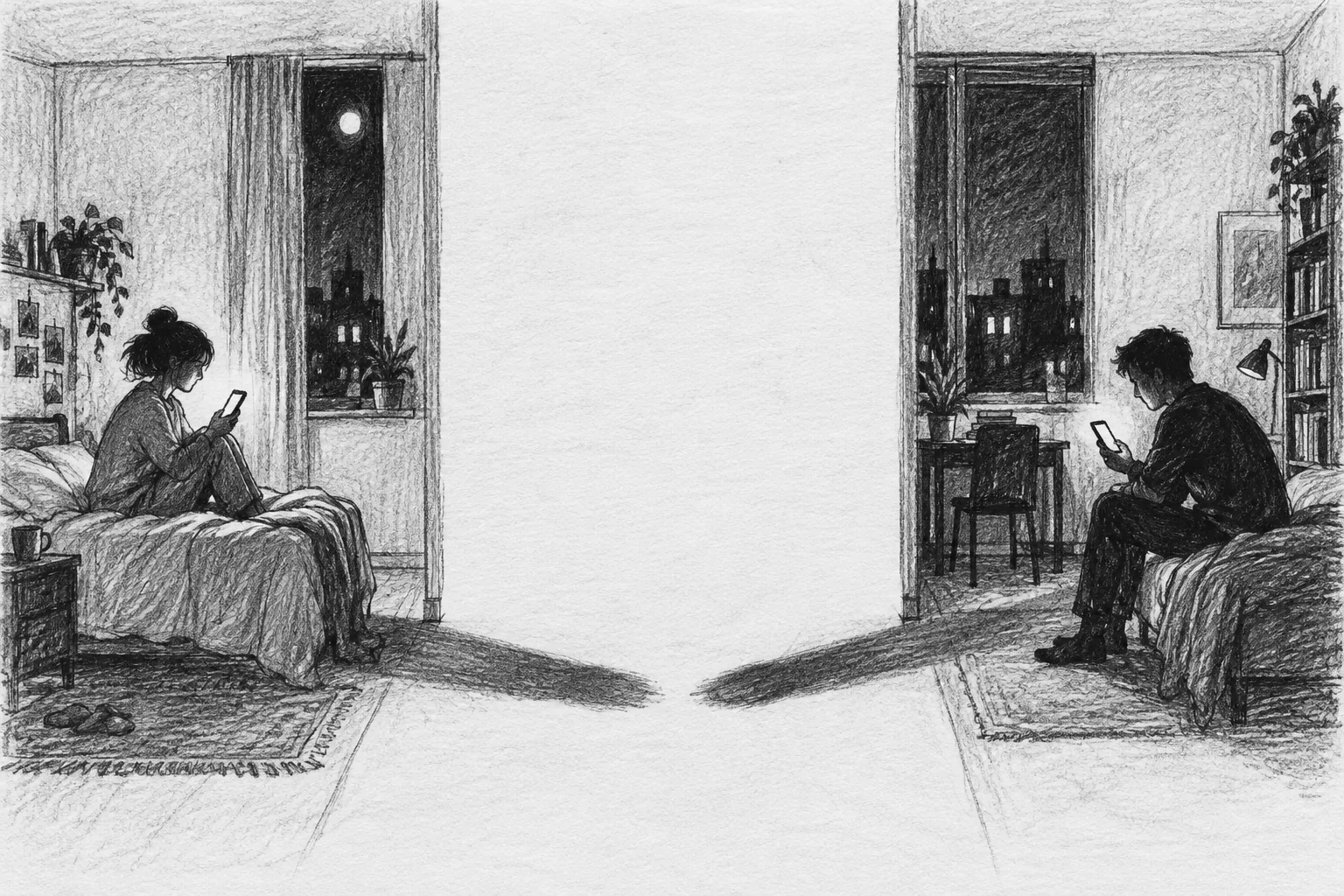 Two people in separate rooms, each holding a phone, drawn in pencil.