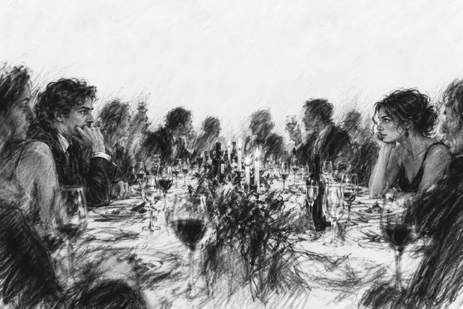 A charged glance across a crowded dinner table, rendered as a pencil sketch.