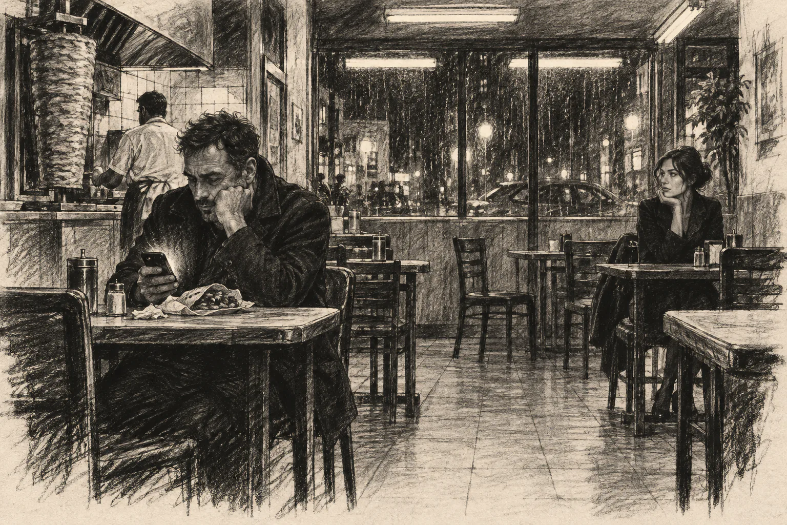 A man looks at his phone in a döner shop while a woman watches from another table.