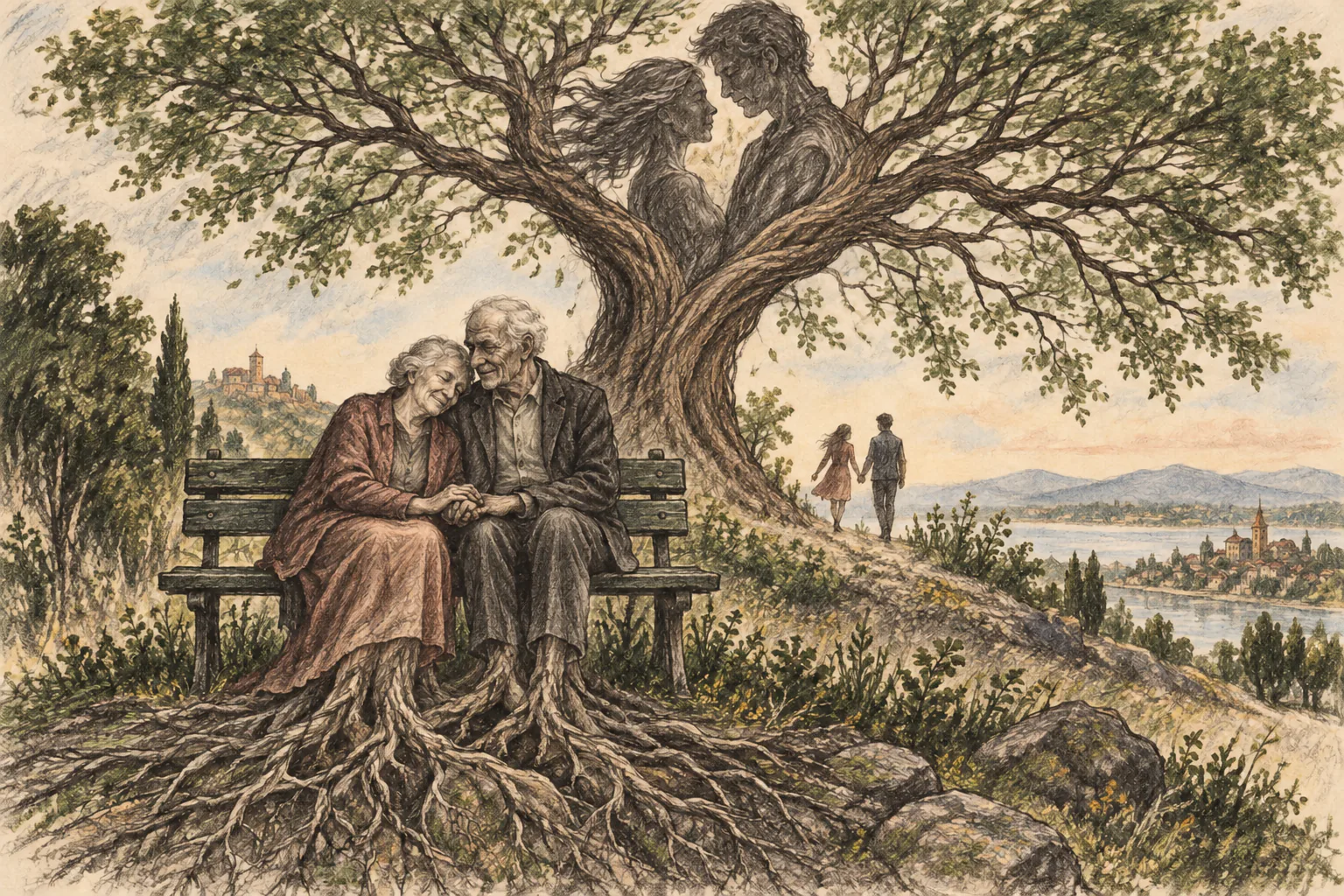 The original image: elderly lovers, their embrace echoed in the branches above.