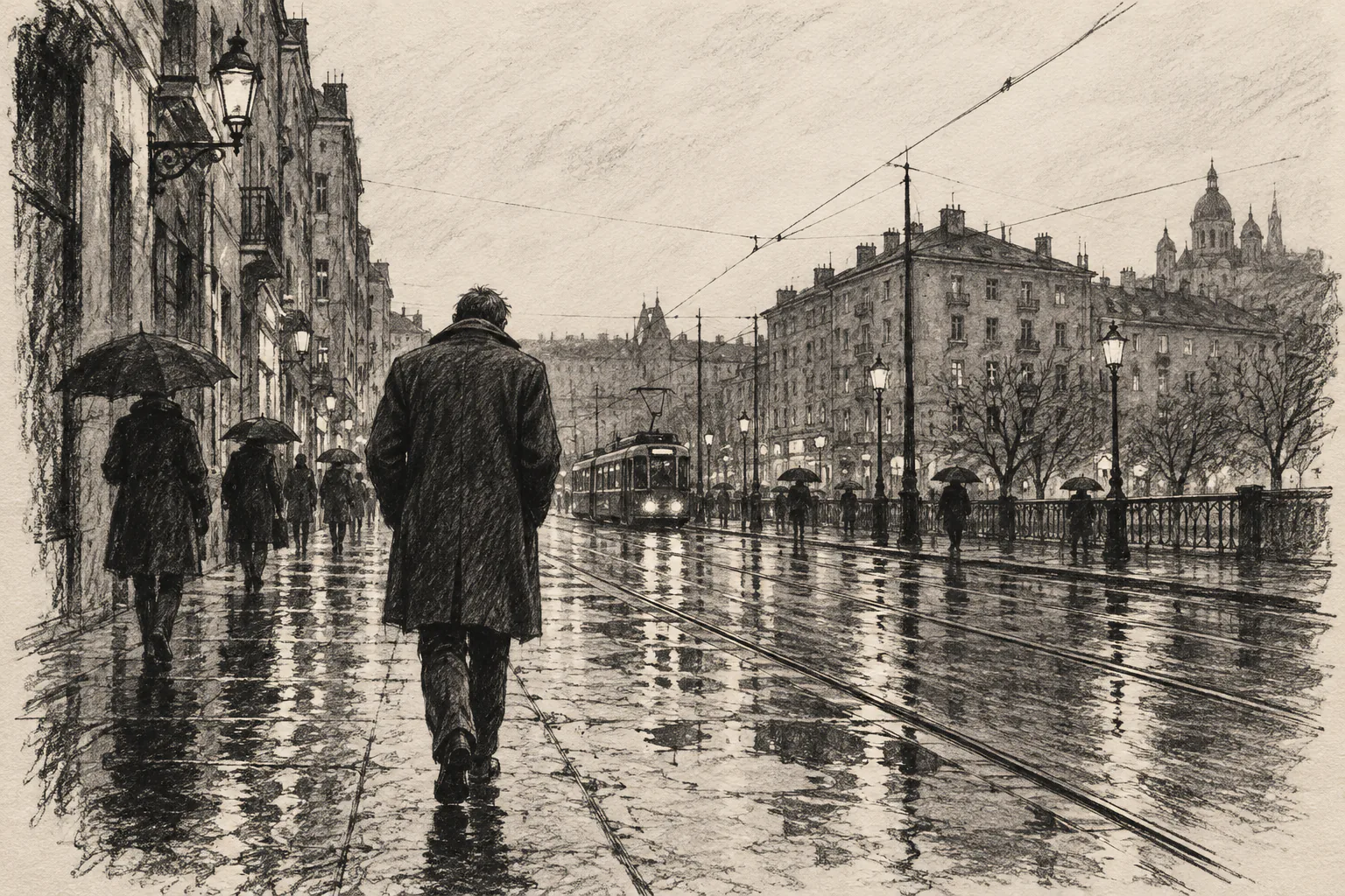A lone man walks home through a rainy city.