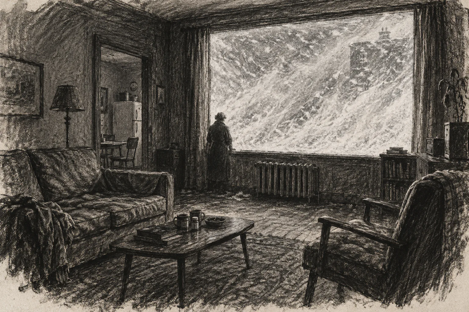 The man faces a large window engulfed by a blizzard.