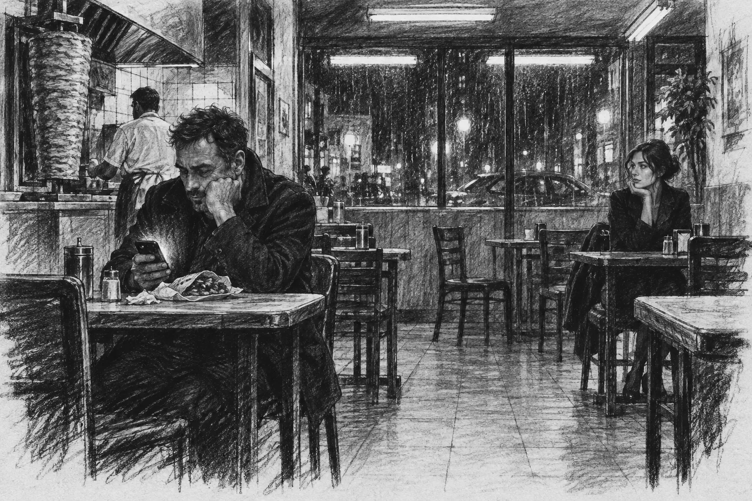A man and a woman sit apart in a late-night fast-food shop.