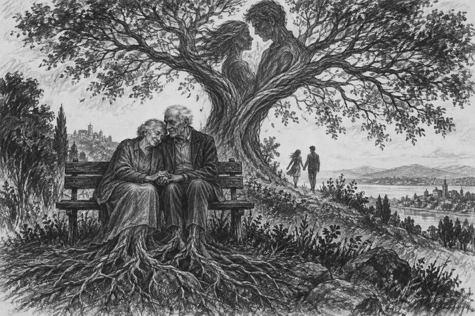 An elderly couple on a bench take root beneath two intertwined trees.