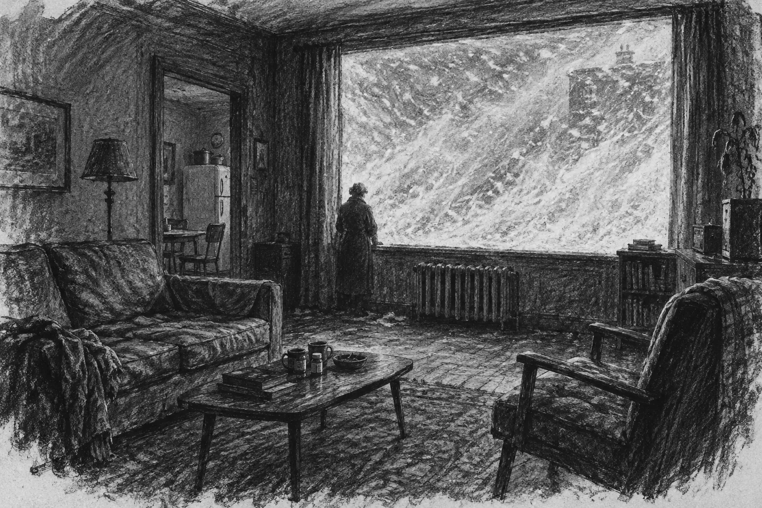 An empty apartment and a window covered by a blizzard.