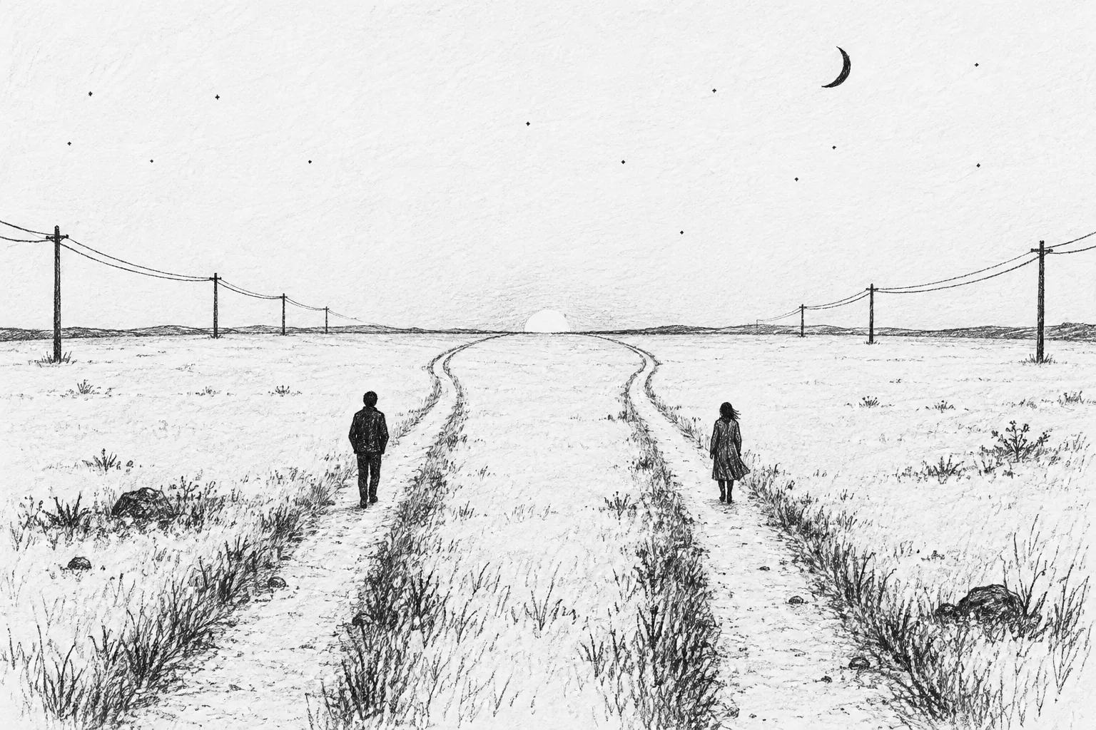Two figures walk separate paths toward a shared horizon under telephone wires.