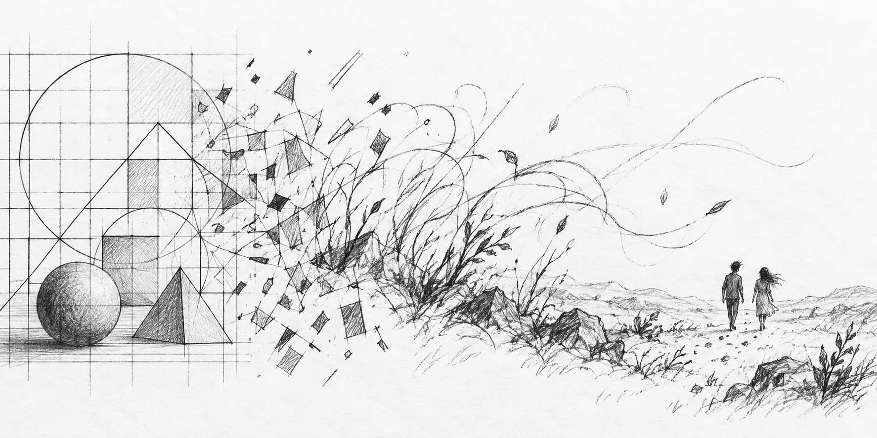 A precise geometric grid breaks into wild drawn lines and open landscape.