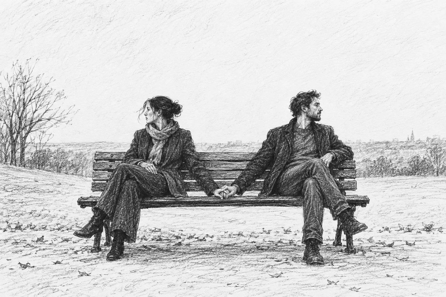 Two people sit apart on a bench while their hands remain clasped.