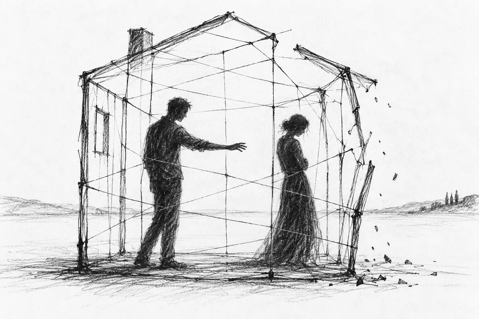Two people stand within a fragile, cracking cage of drawn domestic lines.