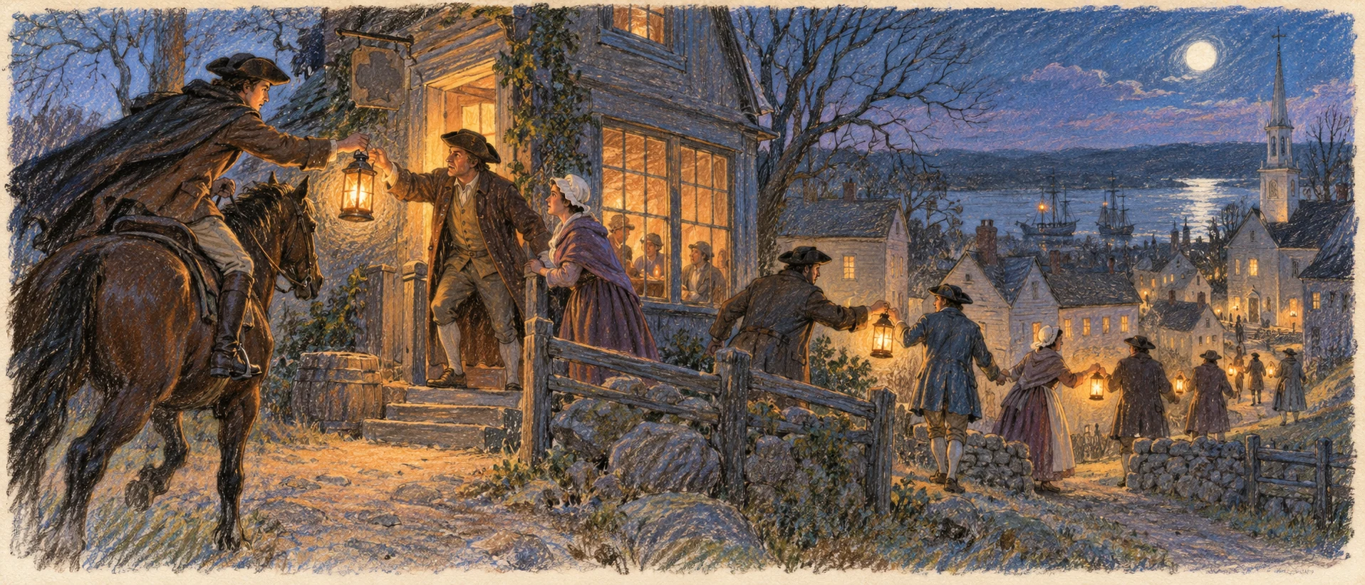 A historical messenger passes a lantern as news spreads through a town.
