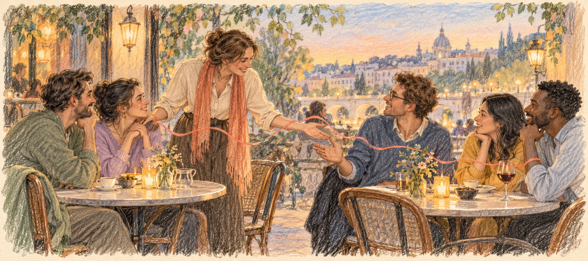 Two groups meet through an introduction at an outdoor café.