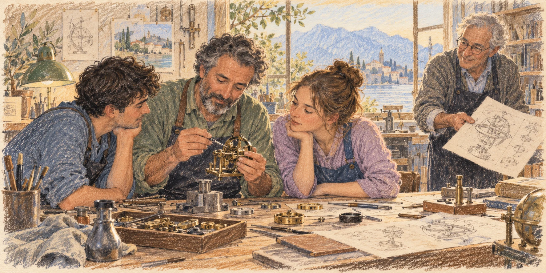 An experienced engineer mentors junior colleagues at a workbench.