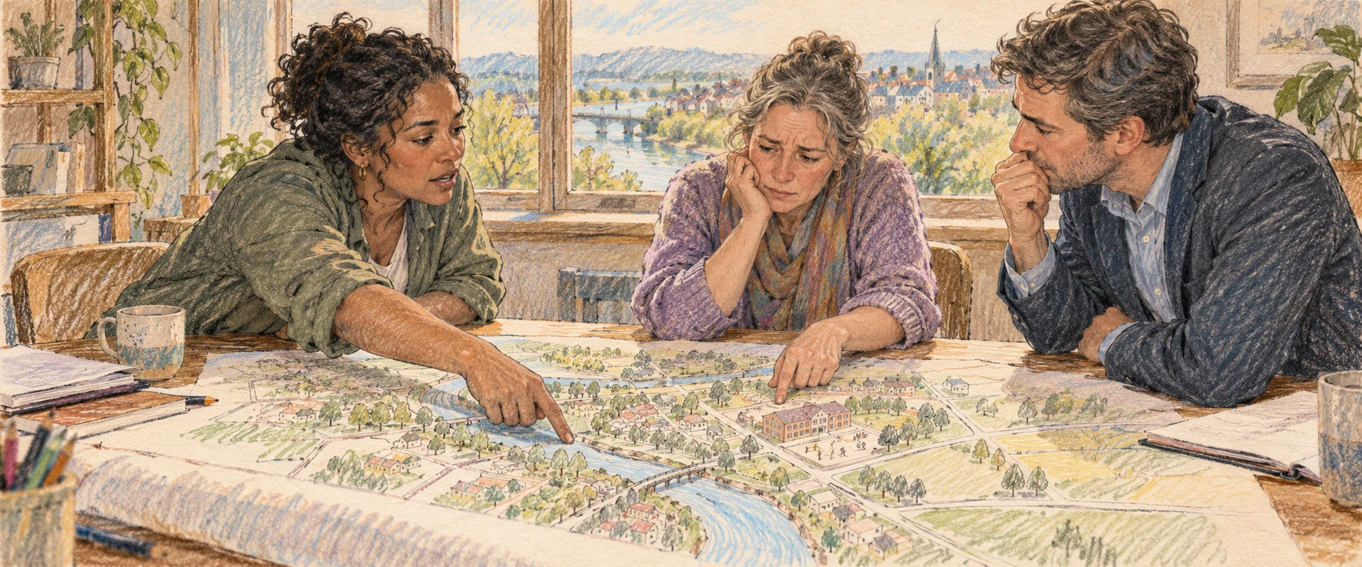 A company representative and community organizer map concerns together.