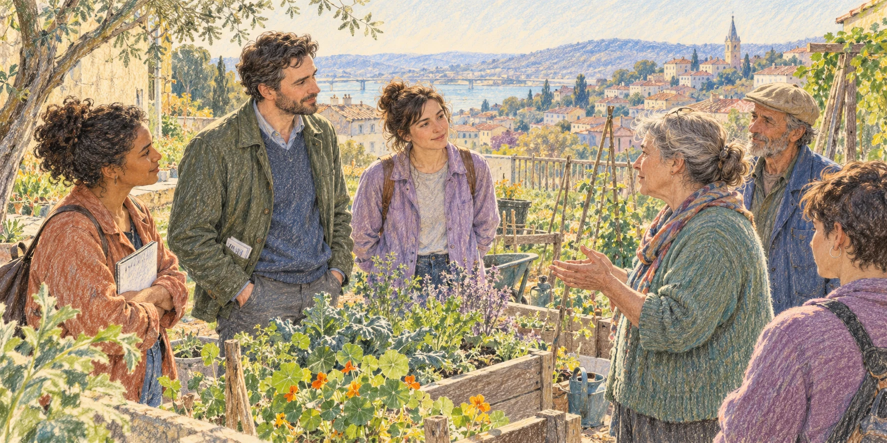 A community leader listens to neighbors in a garden.