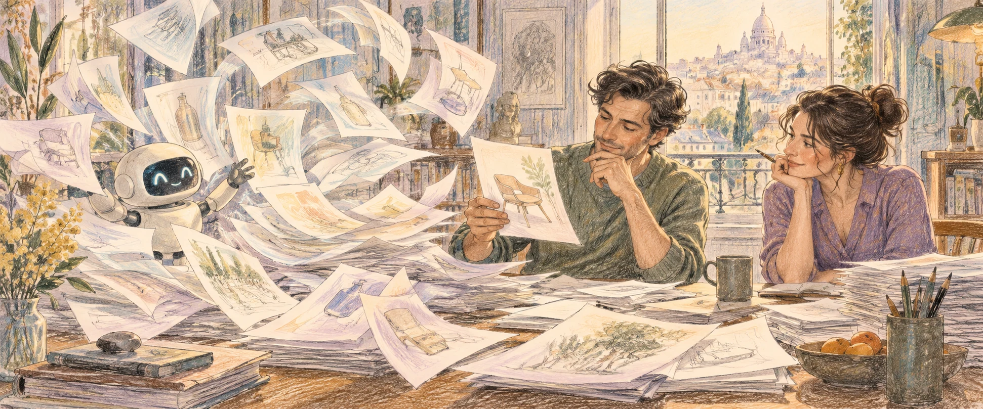 An AI assistant produces many drafts while a product manager chooses carefully.