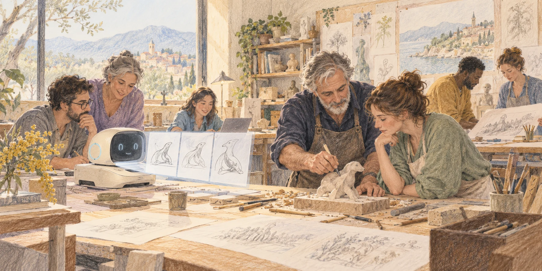 A multigenerational team works with AI while a senior craftsperson mentors others.