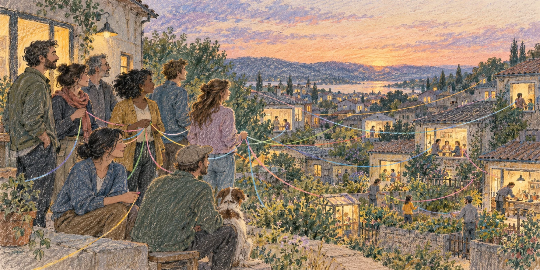 People look over a town as threads of connection run between them.